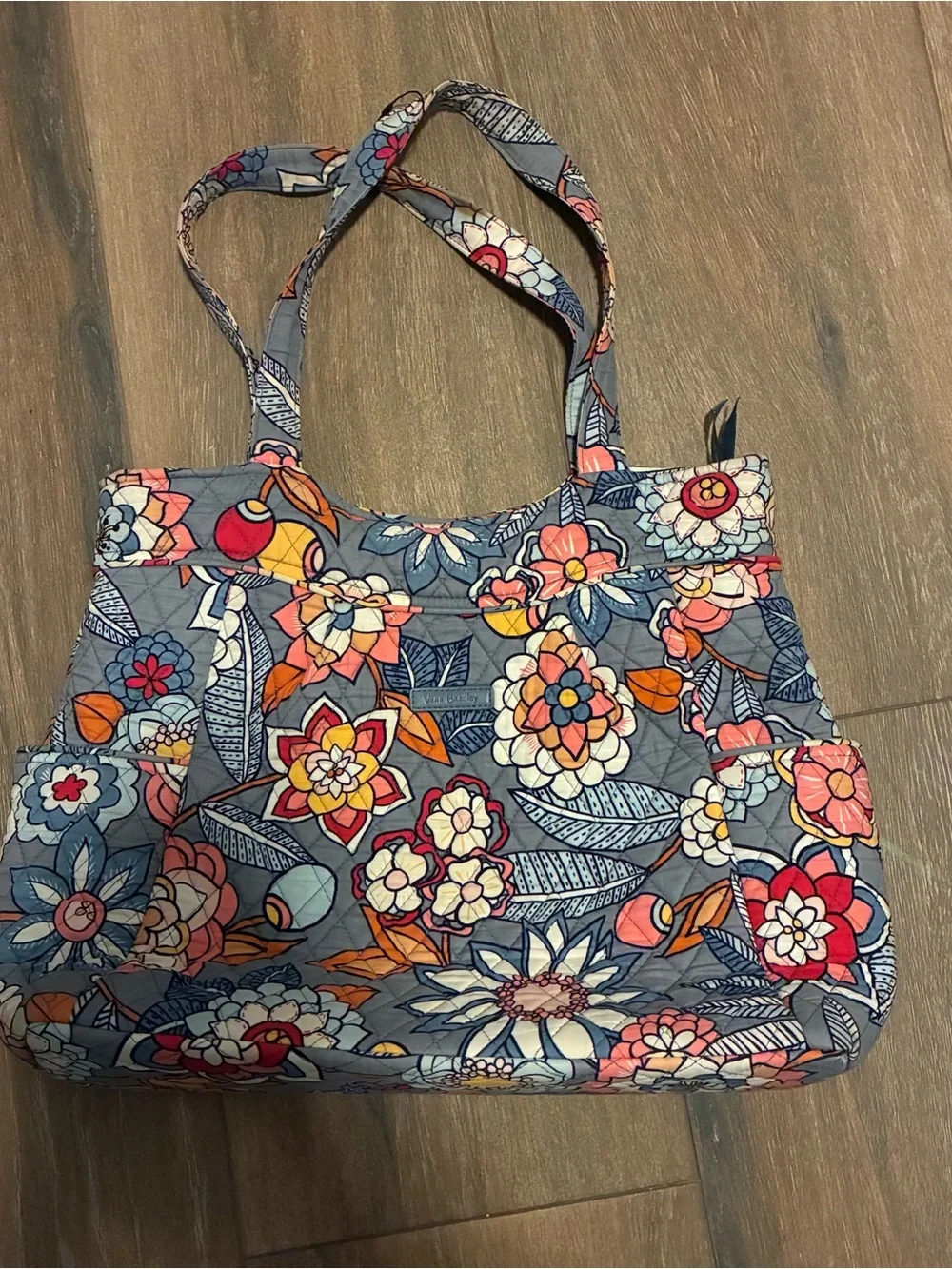 Vera Bradley Quilted Floral Tote in Gray with Coral, Yellow & Blue Accents
